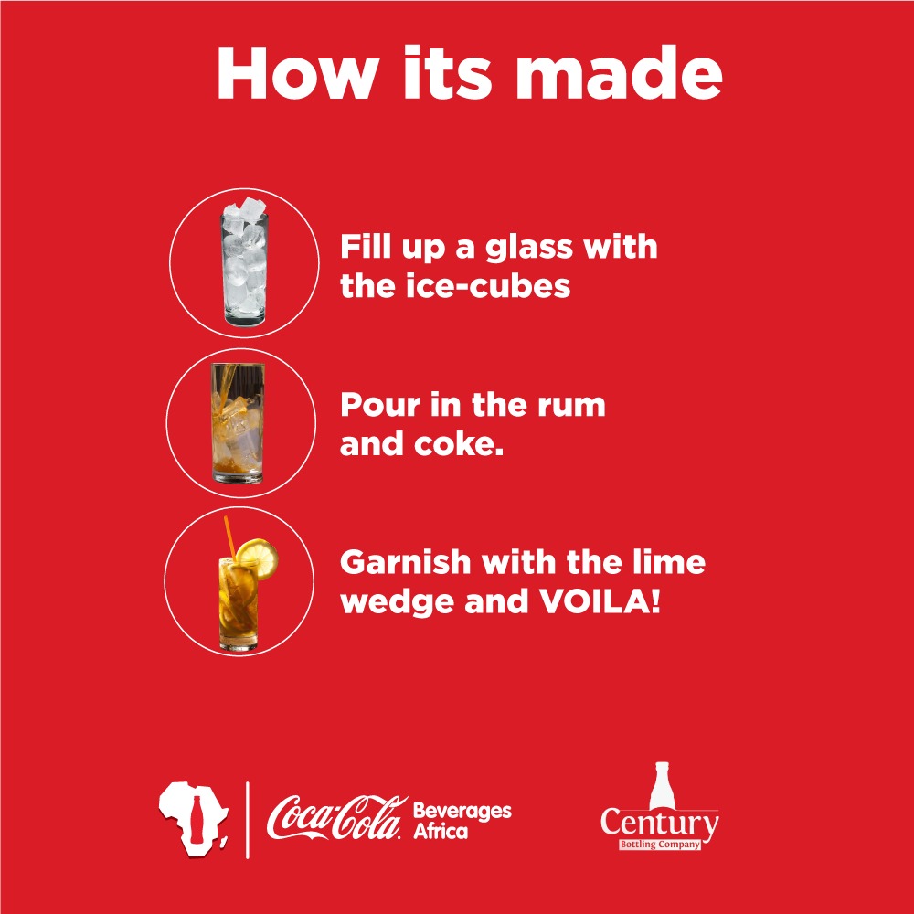 CocaColaBevUg's tweet photo. How about a simple RUM and COKE for the weekend?
All you need:
60ml of rum 
180ml of Coca-Cola
Ice-cubes
Lime wedge 
#TasteTheFeeling 
#TGIF https://t.co/C23tLRXZwU