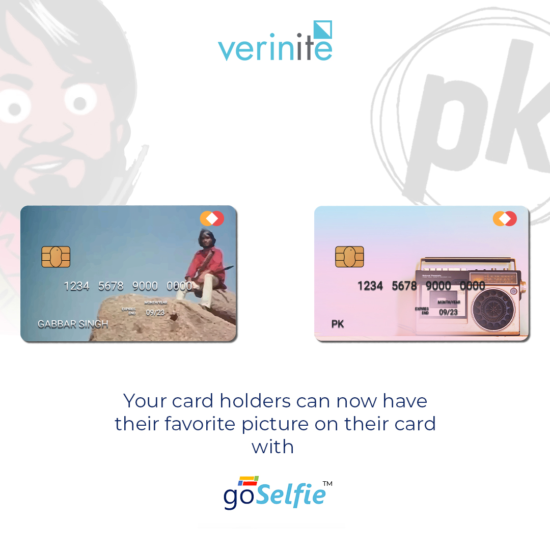 Verinite's tweet photo. Are your #customers a #BollywoodBuff too?? How about getting them a #PersonalisedImage #Debit or #creditcard with their favorite, iconic movie character? We,@Verinite can help #Banks with our very own #Goselfie product and this is how PIC cards of #Pk or #Gabbar will look like! https://t.co/woiFjqWtPH