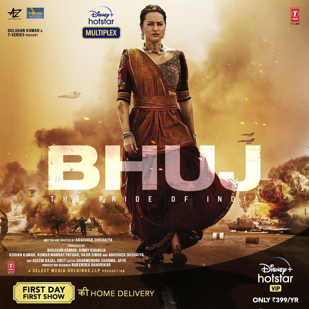 Here is the first look of Sonakshi Sinha as Sunderben Jetha Madharparya, the brave social worker who took 299 women along with her to support the Indian Army! #BhujThePrideOfIndia a crucial incident from History will unveil soon with #DisneyPlusHotstarMultiplex