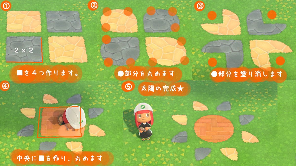 太陽を作ってみましょう。
①２ｘ２四方を４つ島クリの地面で塗りつぶします。
②●部分をもう一度塗り、丸くします。
③●部分を塗り消します。
④中央部分に２ｘ２四方を作り、丸めます。
⑤太陽が完成しました。