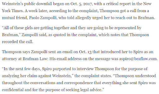 Weinstein victim Melissa Thompson says she inadvertently shared her evidence with Weinstein legal team after "mutual friend, Paolo Zampolli" “used deceptive tactics to cause her to believe that Brafman and Spiro were working for the victims.” https://www.courthousenews.com/new-weinstein-rico-suit-adds-political-intrigue/