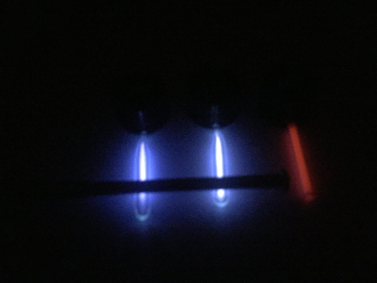 To start the  #elementphotos off, here's three isotopes of hydrogen. Hydrogen and deuterium are low pressure ampoules that glow in an electric field (e.g. tesla coil, plasma ball). Tritium is radioactive and used in long-life glow sticks (the glow is an applied phosphor).