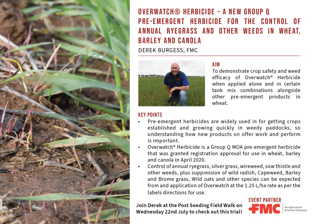 LiebeGroup's tweet image. 5 days to go until the Liebe Group Post Seeding Field Walk!

Get the low down from Derek Burgess on a new Group Q pre-emergent herbicide at @FMCANZ 's trial. 

Thanks to FMC for sponsoring the events Beer and Burger sundowner. 

Register today! tinyurl.com/ycvdcazx
