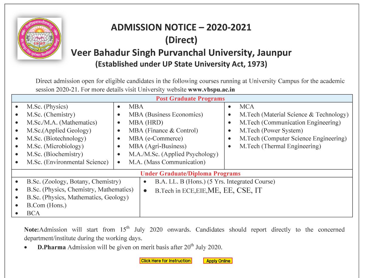 vbspu_official's tweet photo. #AddmissionAlert : Direct admission open for eligible candidates in the following courses running at University Campus for the academic session 2020-21.
Note : Admission will start from 15th July 2020 onwards.
For more details visit :- https://t.co/SCTggsEEAe https://t.co/IeNMr9IiTe