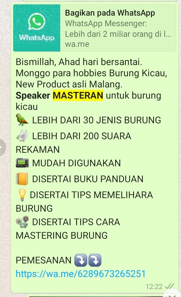 Silahkan dulur, barangkali minat
Mp3 Speaker Masteran Burung.
Lbh dari 30 Jenis Burung, Lebih dari 200 suara.
Bisa COD bayar saat brg sdh diterima.
WA 0896-7326-5251
youtu.be/cjFGp2skb6M
<a href="/BurungKicauJTM/">burung kicau lovers</a> <a href="/burungkicauhias/">burunghiaskicau</a> <a href="/burungkicau11/">burung kicau</a> <a href="/BurungKontes/">Kontes Burung Indonesia</a> <a href="/toppp53912797/">peternak perkutut</a> 
#masteran