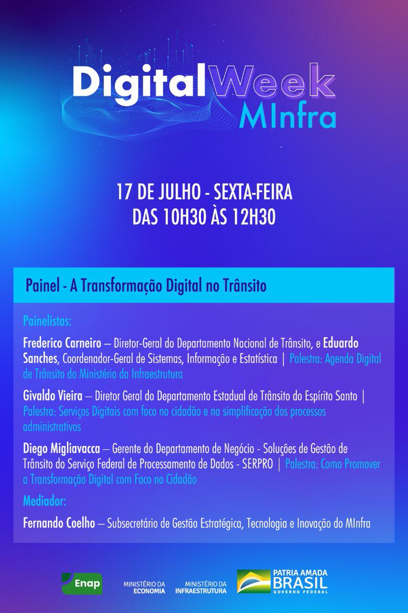 Fred___Carneiro's tweet photo. Venha conhecer as ações de transformação digital no trânsito promovidas pelo @MInfraestrutura e pelo @Denatran para facilitar a vida do cidadão brasileiro https://t.co/2PSaDrFyog