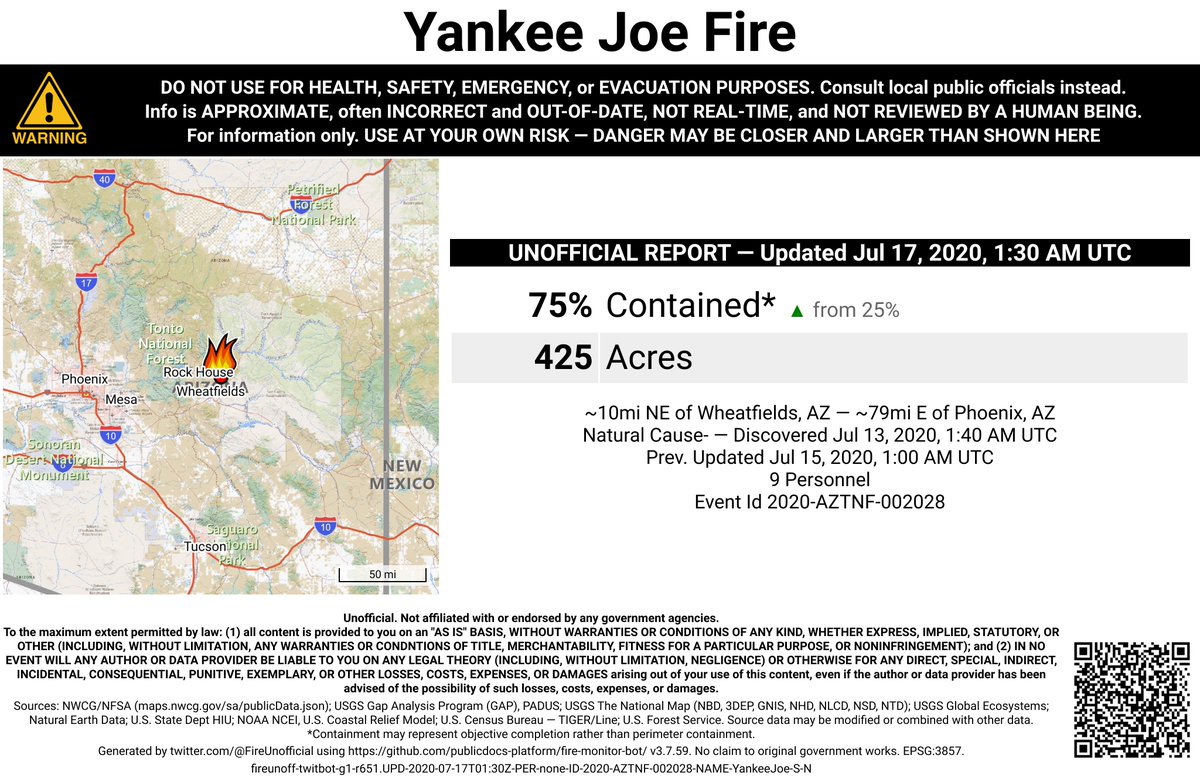 SWFireBot's tweet photo. #YankeeJoeFire 🔥 unofficial, automated update.
~10mi NE of Wheatfields, AZ. ⚠️ DO NOT USE FOR SAFETY PURPOSES - See officials instead. May be incorrect; disclaimers in images. https://t.co/iys0F7nmbP