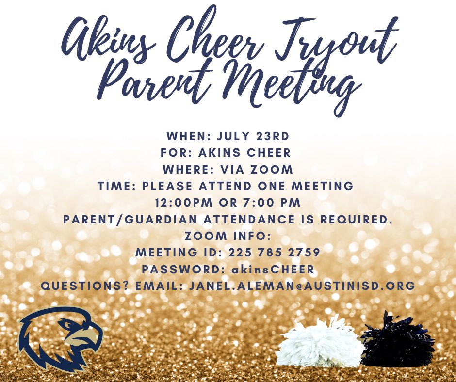 Due to Covid-19, Akins Cheer tryouts that were supposed to be held in person in the 2019-2020 school year were pushed back. Because of this we are holding cheer tryouts virtually. If your student is interested in trying out for the 2020-2021 Akins Cheer squad, see flyer below!
