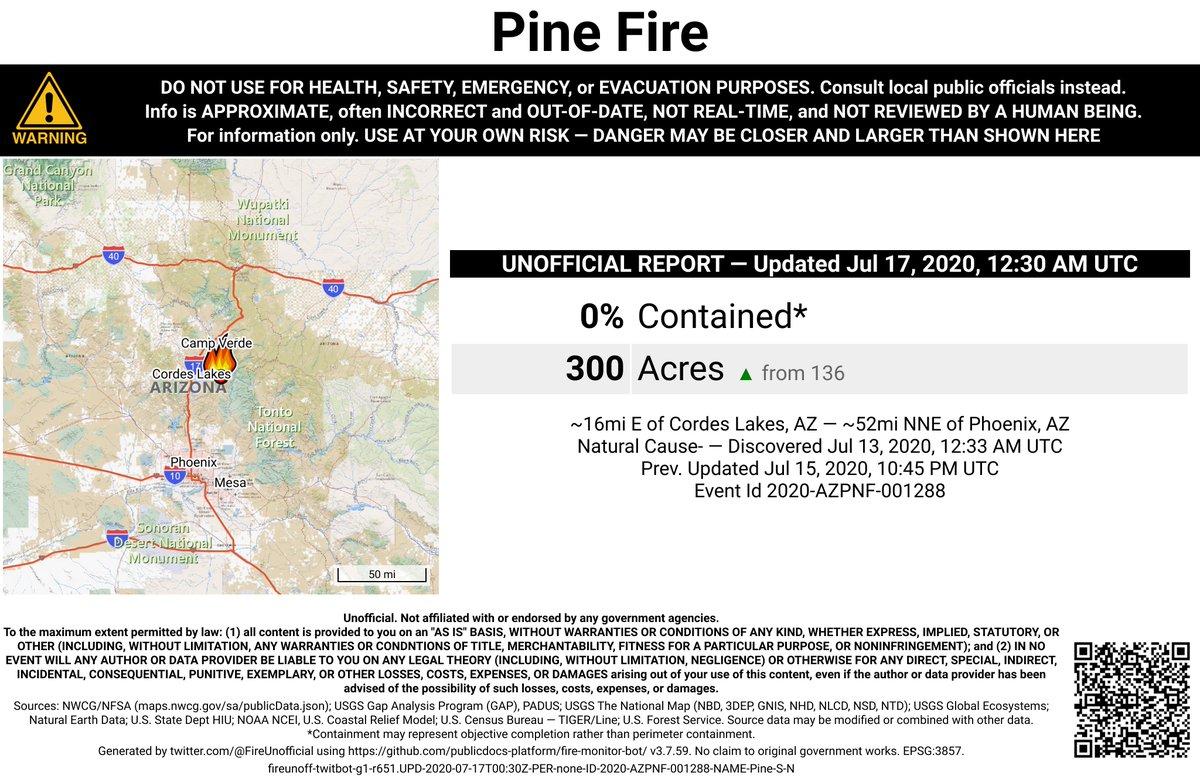 SWFireBot's tweet photo. #PineFire 🔥 unofficial, automated update.
~16mi E of Cordes Lakes, AZ. ⚠️ DO NOT USE FOR SAFETY PURPOSES - See officials instead. May be incorrect; disclaimers in images. https://t.co/oLjShmwxWI