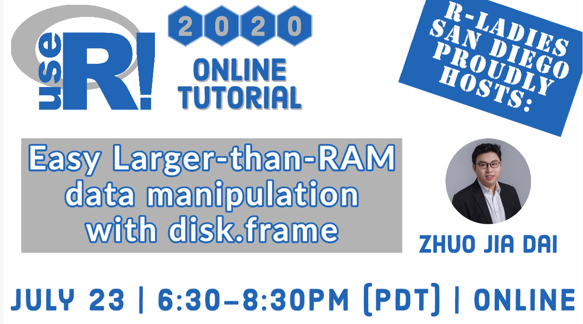 R-Ladies San Diego (@rladiessandiego) on Twitter photo R-Ladies San Diego is excited to host disk.frame creator Zhuo Jia Dai (ZJ) as part of this year's virtual UseR! 2020. He'll tell us more about "Easy Larger-than-RAM data manipulation with disk.frame".
meetup.com/rladies-san-di… R-Ladies San Diego is excited to host disk.frame creator Zhuo Jia Dai (ZJ) as part of this year's virtual UseR! 2020. He'll tell us more about "Easy Larger-than-RAM data manipulation with disk.frame".
meetup.com/rladies-san-di…