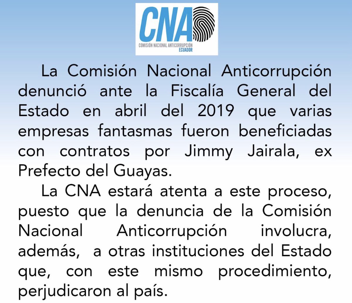 jimmyjairala's tweet photo. EN RESPUESTA A LA PUBLICACIÓN DE LA C.N.A.
1. Es una denuncia sin ningún fundamento 
2.- La C.N.A. no puede establecer por sí sola la existencia de un posible peculado 
3.- En esta denuncia no existe informe d Contraloria con indicios d responsabilidad penal @UnCafeConJJ https://t.co/bKNWpHyY73