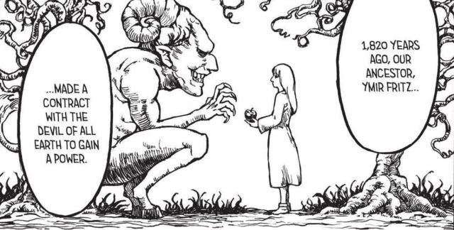 Among all the adaptions from Norse Mythology, only Ymir Fritz in AOT is a little girl.DC design team related a little girl to The Tree of Language, which is a very concise way to convey an idea of the Goddess.Left:DystopiaTOL(Feb 18, 2020)Right:Attack On Titan(Ongoing)