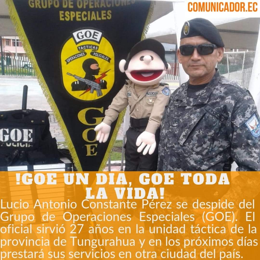 #Comunidad | El suboficial Lucio Antonio Constante Pérez de 50 años y 27 de servicio policial en el Grupo de Operaciones Especiales (GOE) se despide de su provincia #Tungurahua
Por disposición de sus superiores trabajará en otra provincia y otra unidad.
facebook.com/10963010394863…