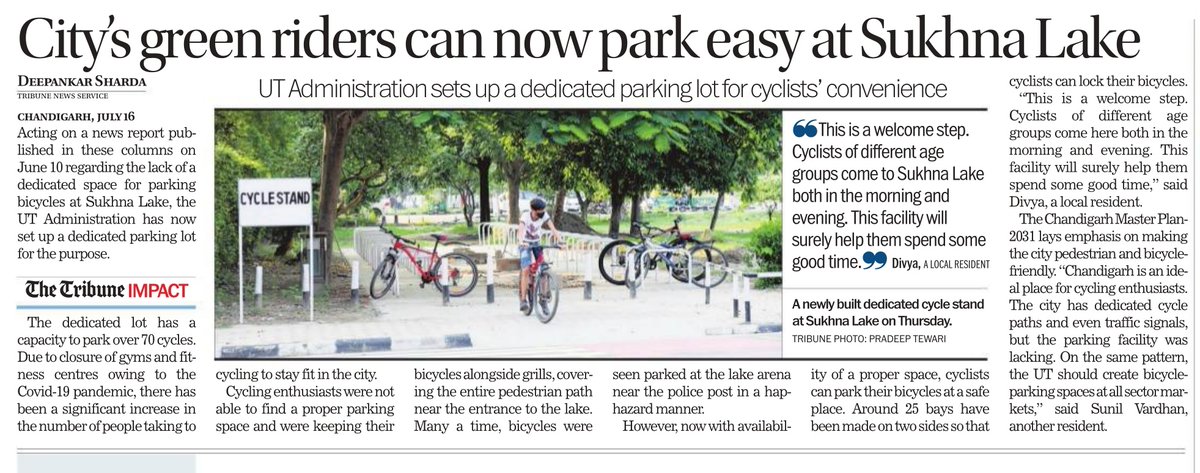 Deepankar4444's tweet photo. Acting on a news report published in these columns on June 10, the UT Adm has now set up a dedicated parking lot for parking of over 70 cycles at Sukhna Lake.  #TribuneImpact# 
(+Pic: today's story &amp; the previously reported one)  @thetribunechd https://t.co/TY4oGpdK6R