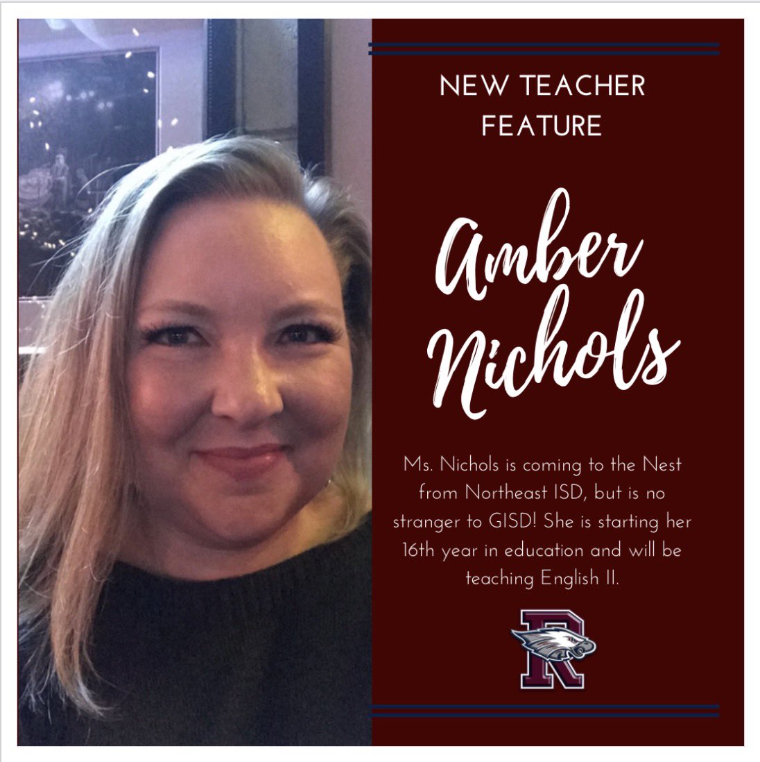 RHS_Eagles's tweet photo. 🚨🚨Rowlett Roll Call- We are proud to share with you all our New Teacher Feature. First up, @NicholsELA she’s no stranger to @gisdnews but we’re happy that she’s landed in our Nest! #WeROne #NewTeacherFeature 👀 at more newly minted Eagles at https://t.co/p1JakU5B1P 🚨🚨 https://t.co/KiPS9FmPXM