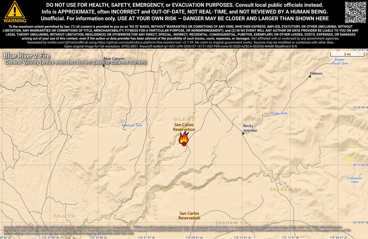 SWFireBot's tweet photo. #BlueRiver2Fire 🔥 unofficial, automated update.
~12mi NE of San Carlos, AZ. ⚠️ DO NOT USE FOR SAFETY PURPOSES - See officials instead. May be incorrect; disclaimers in images. https://t.co/MC5ToikDUZ