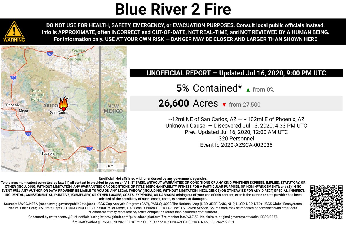 SWFireBot's tweet photo. #BlueRiver2Fire 🔥 unofficial, automated update.
~12mi NE of San Carlos, AZ. ⚠️ DO NOT USE FOR SAFETY PURPOSES - See officials instead. May be incorrect; disclaimers in images. https://t.co/MC5ToikDUZ