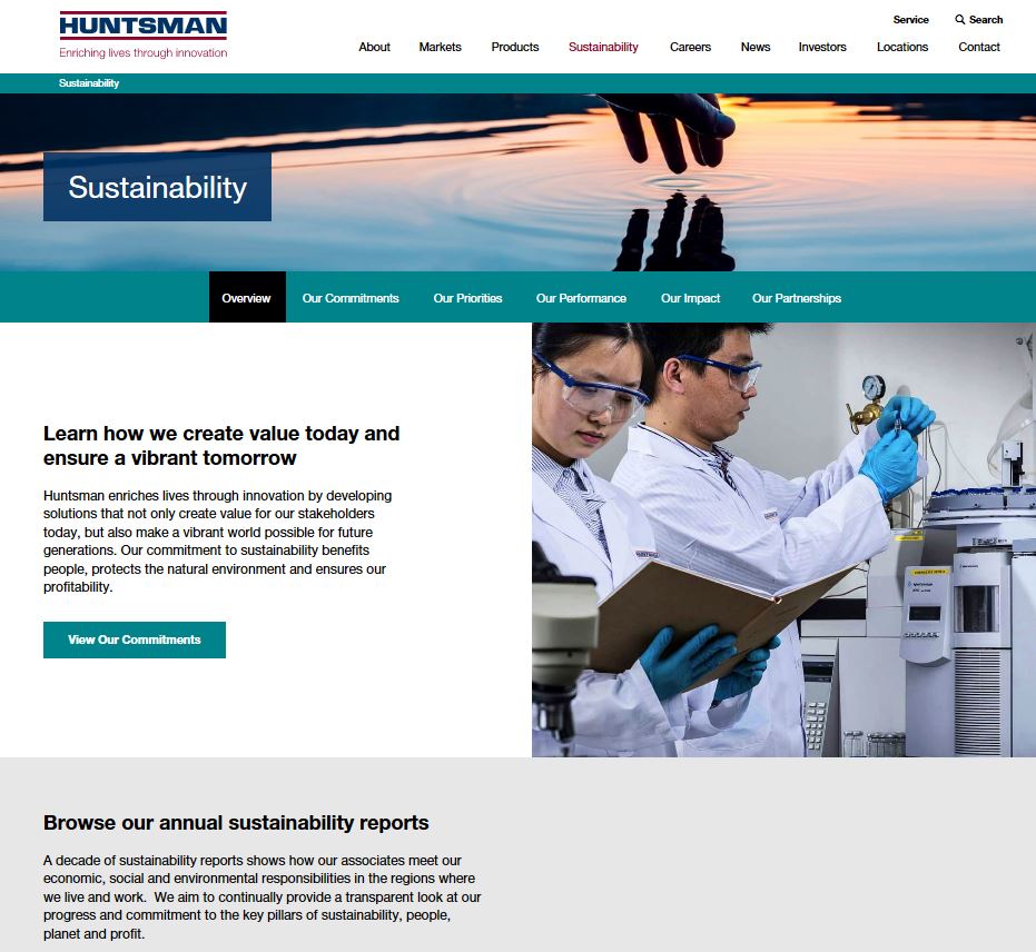 Huntsman_Corp's tweet photo. Our commitment to #sustainability benefits people, protects the natural environment and ensures our profitability. Find out more on our new #website. #websiteweek #Huntsman https://t.co/Kexs4pW4HE https://t.co/tpamS36vca