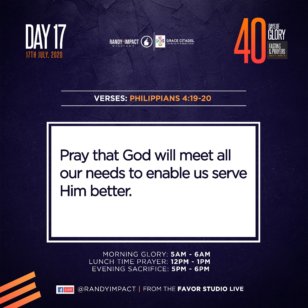 gccworldwide_'s tweet photo. 40 Days Of Glory | Day 17

And my God will meet all your needs according to the riches of his glory in Christ Jesus. To our God and Father be glory for ever and ever. Amen. - Philippians 4:19-20

PRAYER
Pray that God will meet all our needs to enable us serve Him better.

t https://t.co/GJEl94yqXd
