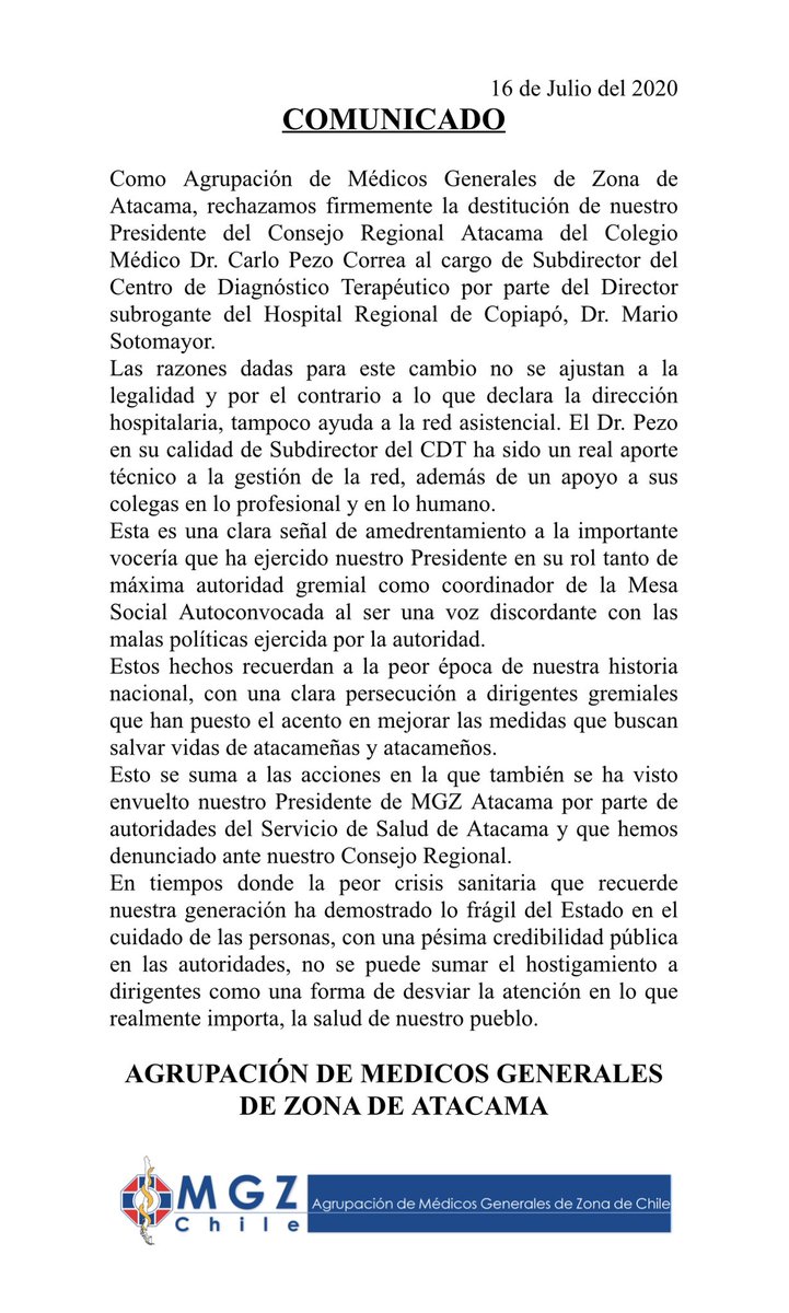 fernarubio's tweet photo. Como @MgzAtacama condenamos la destitución de su cargo como subdirector del CDT de @hospitalcopiapo a @carlopezo . Cuenta con todo nuestro apoyo en su importante labor como presidente del @ColmedAtacama y coordinador de la @mesasocialautoc https://t.co/UlDRMcKTFL