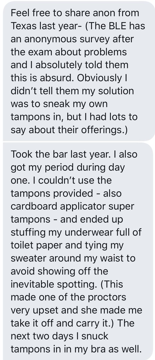 Just wow, another story posted with permission—this one from last year, Texas.  @TexasBLE please tell us this is no longer an issue. If it is, it’s time to reconsider rules restricting candidates from bringing their own feminine hygiene products.  #LadyLawyerDiaries