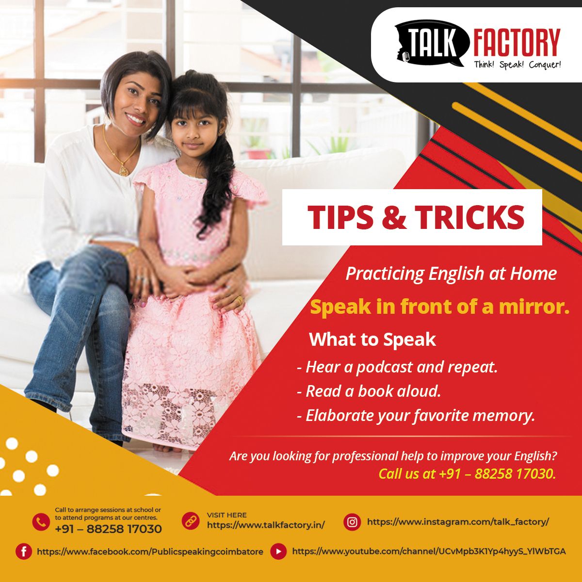 TalkFactory_Cbe's tweet photo. A consistent 10-minute practice session every day in front of the mirror can work miracles on your speaking skills. 
 
Register for free demo class https://t.co/YpryMjVI4r

 Call us at +91 – 88258 17030 or visit https://t.co/wHwpl360B4.

#EnglishSpeakingTips   #ImproveEnglish 
" https://t.co/kuksinUt28
