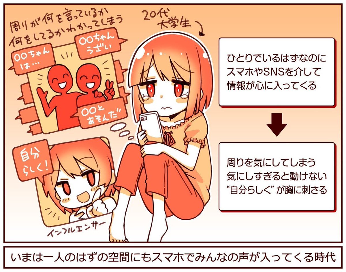 スマホがあるから「ひとりになれない」他人が見えすぎてしまう (20代 大学生)
自分だけの空間にも「スマホを介して」他人が入ってくる
↓
周りの声がすぐ気になる。気にしすぎると動けなくなる
↓
自分の軸を持とうとする。インフルエンサーの「自分らしく」が素敵に見える
https://t.co/LsJun60pbQ