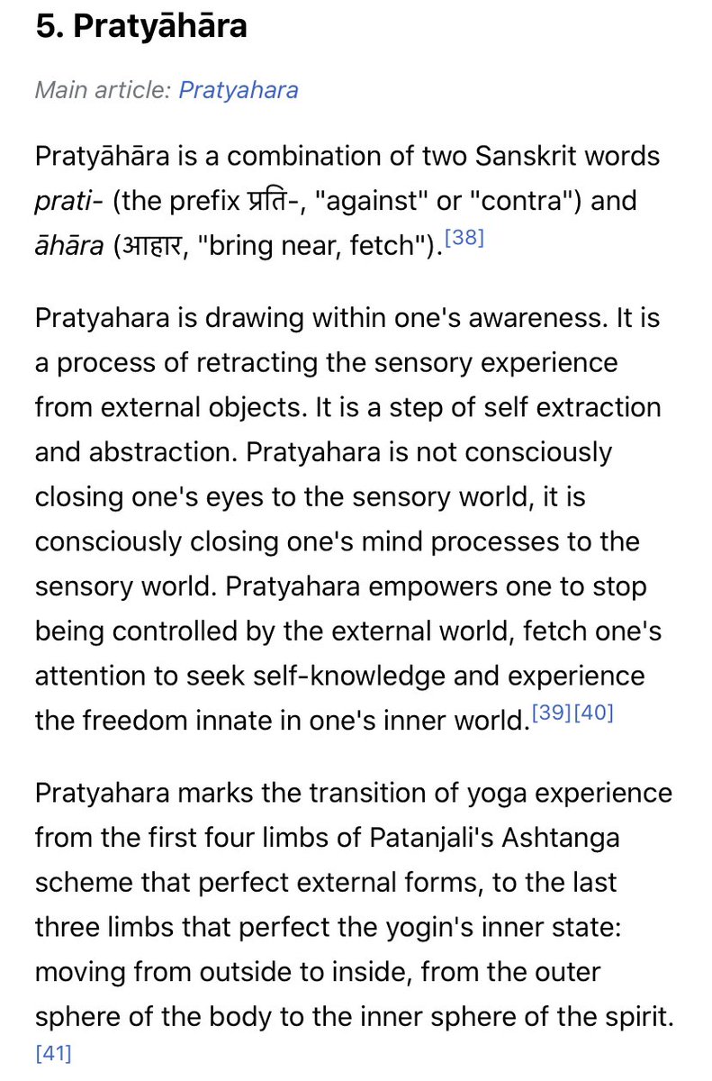 Fifth is pratyāhāra. Literally means withdrawal. Again, for pratyāhāra to be accomplished (siddhi), we need to revisit our first set of tweets on Yama. Astèya + aparigraha = brahmacharya. In simple words, pratyāhāra is logical extension of brahmacharya. 