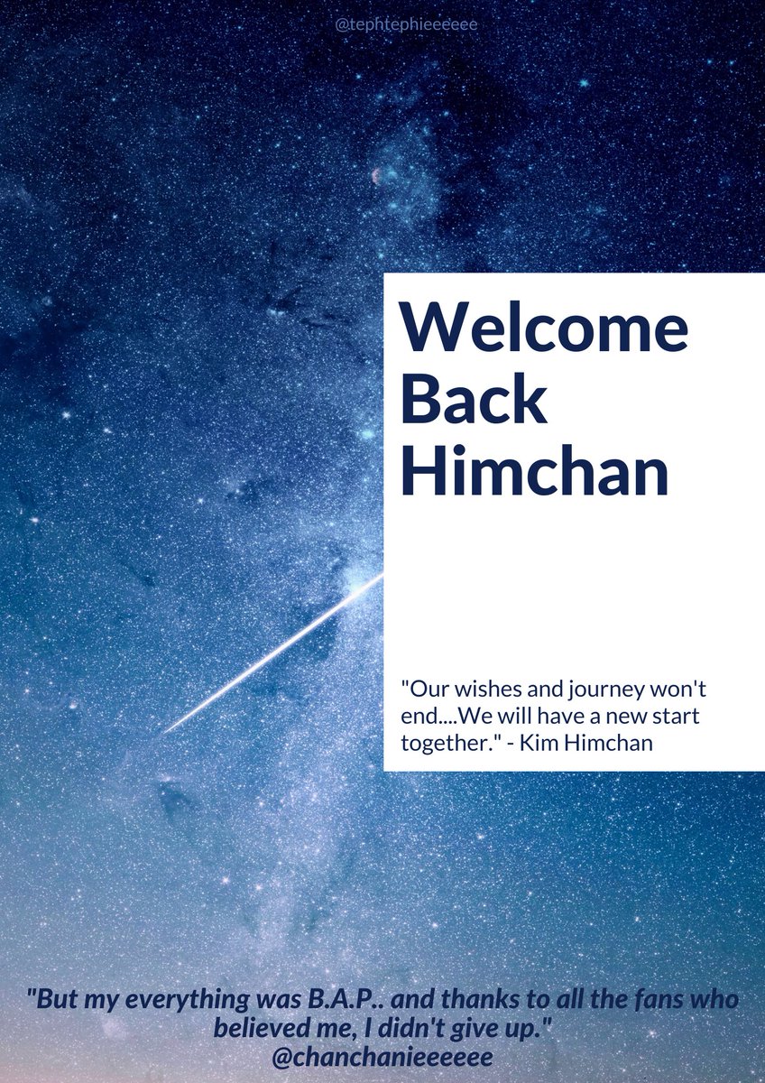 tephtephieeeeee's tweet photo. @BAP_Himchan Welcome back to (social media) 🌌💜
Don't worry. We will be waiting until you're ready to meet us again. Stay safe, stay healthy and always be happy 💜
See you very soon 🌌💜
-BABY-
#Himchan #Himchanisback https://t.co/NSh6H6ZObC