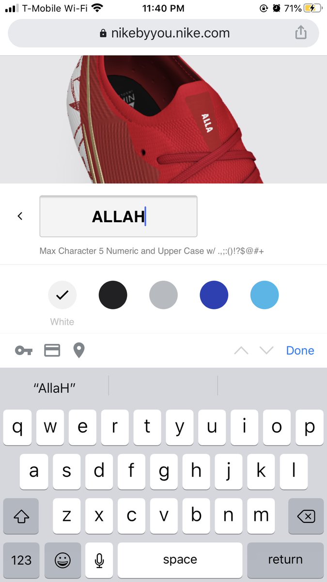 ami_tutti's tweet photo. Hey @Nike is there a reason God works on your Nike ID product but Allah doesn’t? It’s in the 5 character limit so what’s the problem? https://t.co/wjWYEtwVQw