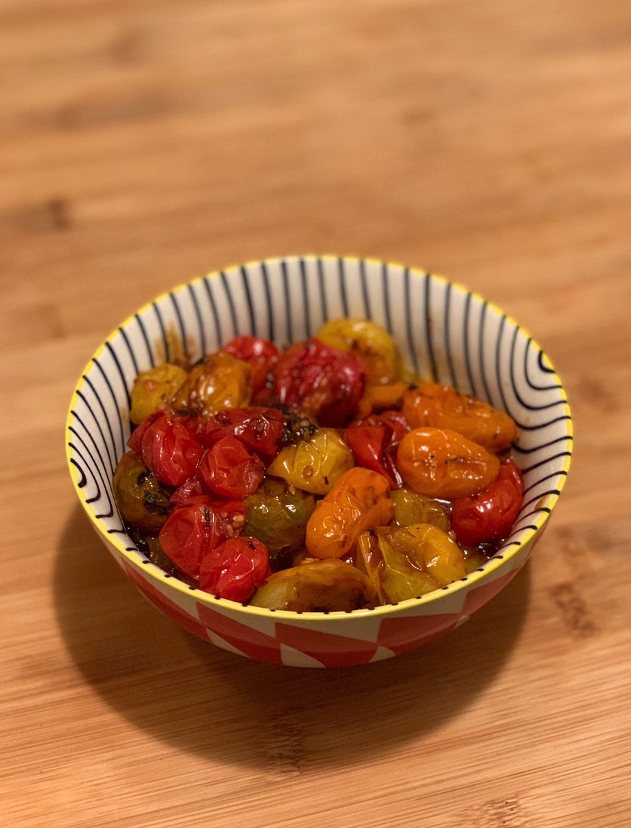 made some charred scallion compound butter with my quarantine window scallions and then roasted some cherry tomatoes in it and it doesn’t look like much i’m a human heart eyes emoji r/n  #humblebragdiet