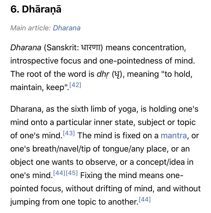 dhāraNā - ability to hold on, sustained flight, focus. Once preparatory ground is created by previous five external aspects, dhāraNā is logical extension of pratyāhāra. When we withdraw from everywhere else, we easily focus on some thing/thought/idea/dèvatā/tarka.