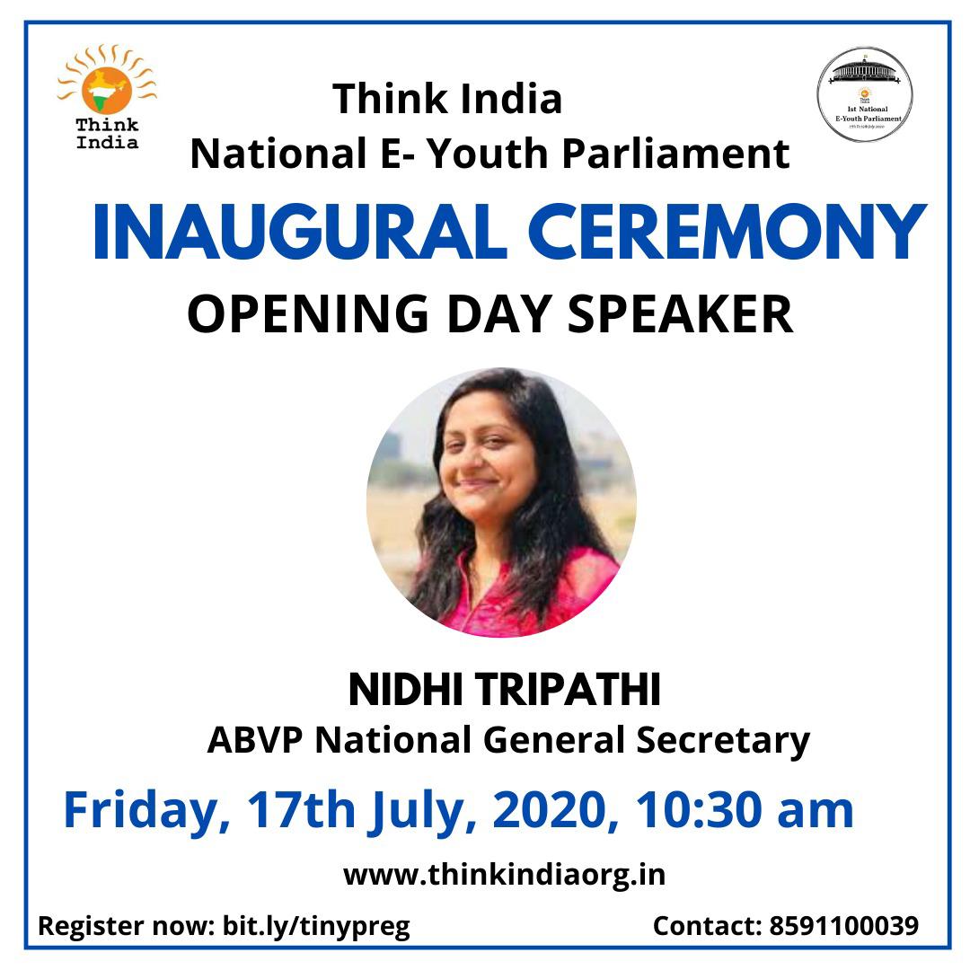 RahulMLMalviya's tweet photo. We're delighted to have National General Secretary of @ABVPVoice Ms. @nidhitripathi92 ji as the Opening Speaker for the First National E-Youth Parliament @TI_NYP .
This is no better opportunity for the Youths to hear from leading Student Leader in Youth Parliament.
#BeALawmaker https://t.co/5jcnD8h7RA
