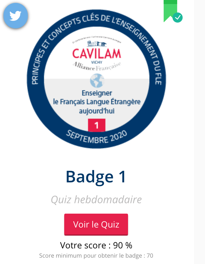 aditiguptasays's tweet photo. Voici mon premier badge! J'ai complété le premier module du MOOC de parcours découverte offert par AF Cavilam Vichy @cavilamvichy
#FLE #FrenchLanguageTeaching https://t.co/NlycQ2PBXT