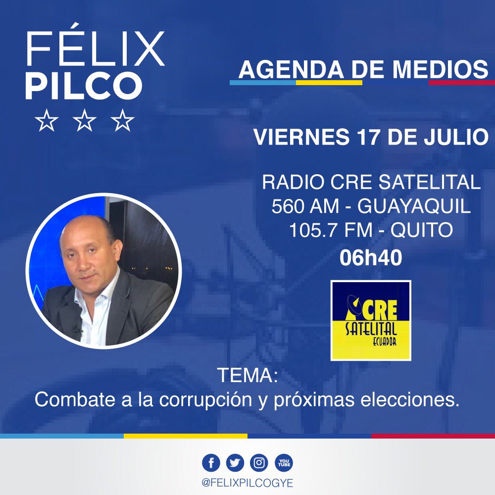 FelixPilcoGye's tweet photo. #Entrevista #Mañana Viernes 17 de julio, 06h40 están invitados a sintonizar #RadioCRE 560 AM en Guayaquil y 105.7 FM en Quito. 

Estaremos hablando sobre cómo combatir realmente a la corrupción y las próximas elecciones. 

#FelixPilco https://t.co/KfhGaS0AOh