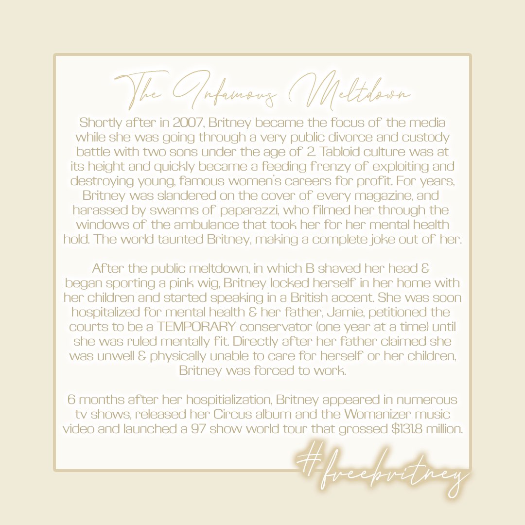 britney’s mental health has been a punchline since 2007. instead of posting about shaving your head when you’re having a bad day, learn what  #freebritney is about and why she has been stripped of her basic human rights & made a slave to her conservatorship for the last 12 years: