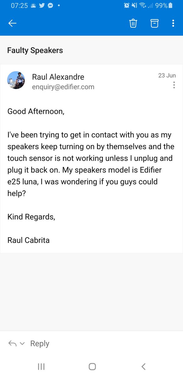 Raul_Xandre's tweet photo. @Edifier_Global I've been sending mutiple emails, like I told you guys, for a few months but never got a reply and now my speaker warranty might of finished already. https://t.co/IAI32CHVLT