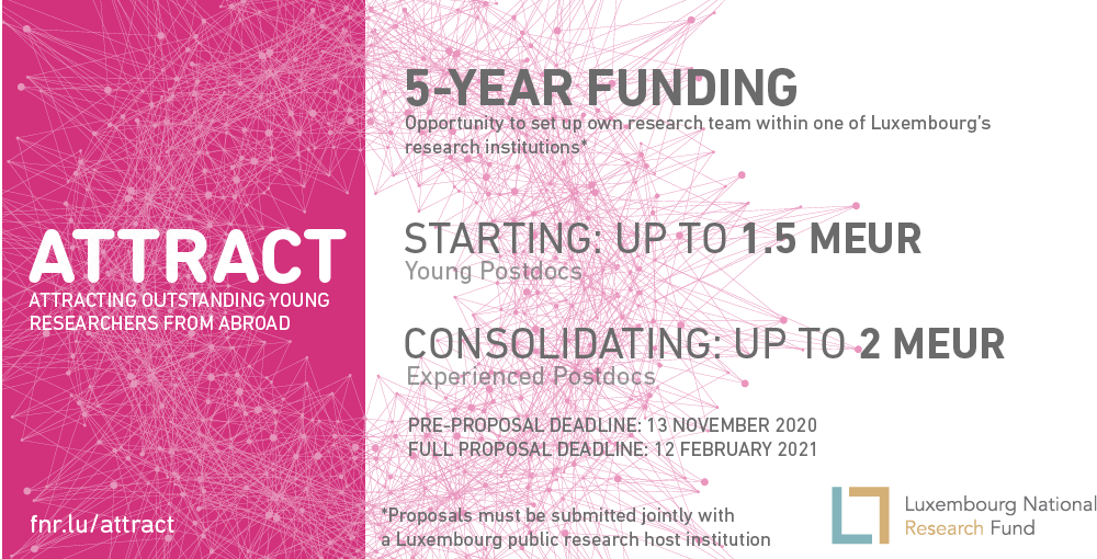 FnrLux's tweet photo. Launch of FNR ATTRACT Call: 5-year funding of up to 2 MEUR for young researchers to establish their own research team in Luxembourg: https://t.co/kbpEhrUofX
#funding #grants #Fellowship #tenuretrack #researchLuxembourg #Luxembourg https://t.co/Z06CGXoRvv