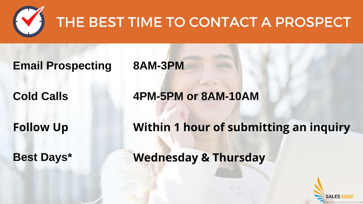 _SalesEdge's tweet photo. A list of the best times to contact a Prospect! 🕑

#sales #salestraining #salesenablement #salestips #sales101 #Salesforce #fridaymorning https://t.co/cclwwY616I