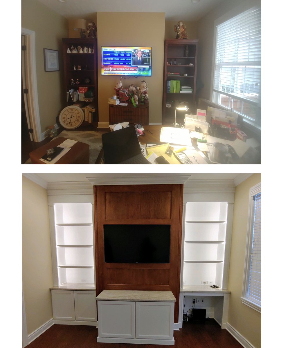 macikCWC's tweet photo. From a cluttered home office —> to an inviting &amp; functional space! 

Our talented craftsmen built this custom maple cabinetry and installed LED lights to the bookcase for an extra touch https://t.co/GqU8Q00tV5