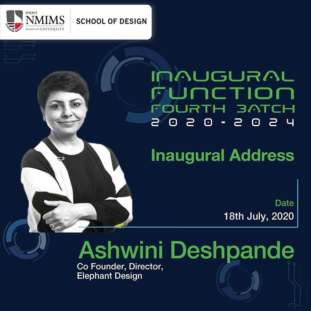 nmims_design's tweet photo. Ms. Ashwini Deshpande, Co-founder Director, #ElephantDesign inspires the young minds at the inaugural function of the 4th incoming B.Des #HumanisingTechnology batch on July 18th, 2020. Stay tuned to know more about the events!!
#NMIMSDesign #FutureofDesign #DigitalIndia https://t.co/SEWPi0Dl2s
