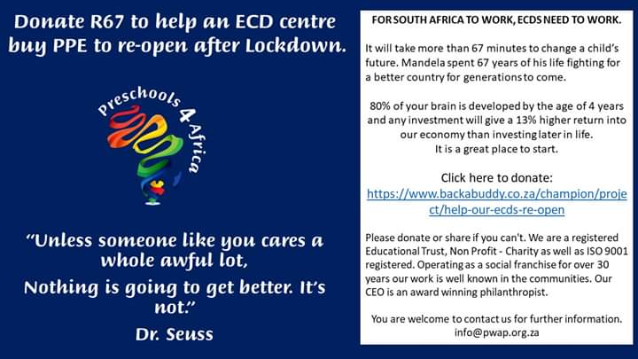 RoxWienand's tweet photo. So incredible! The community has already raised R290 000! To help reopen underprivileged preschools safely, pls share &amp; donate if you can. Need R1.5mil to help ±500 ECDs. Make a difference: 
https://t.co/l60SlN6dOx
@playpwap ~ registered NPO, Trust&amp;charity https://t.co/sUUHBRcf2f https://t.co/X8OR52Y8Dr