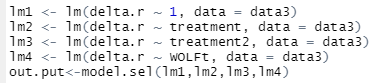 Code below:-"treatment": as per Harding et al-"treatment2": treatment, but "penning" changed to "wolf" -WOLFt: the "wolf" dummy variable (1:yes, 0:no)-data3 = excluded 'transloc' for same reasons as "boreal" exclusion by Harding et al (i.e. n=1 observation/ factor level) /4