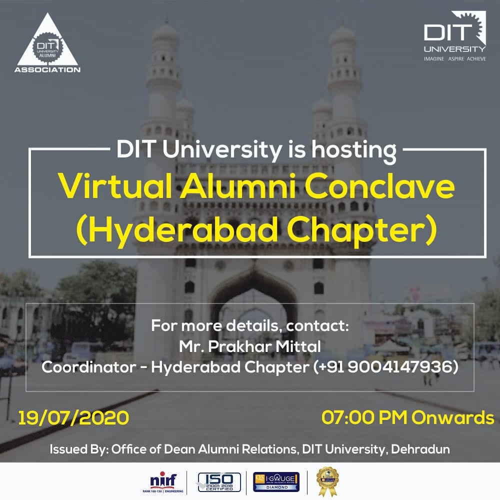 dit_university's tweet photo. Hello Alumni! How are you all doing? 

DIT University is glad to organize ‘Virtual Alumni Conclave’ for Hyderabad Chapter. Here we call our alumni to login and join us on July 19th sharp at 07:00 PM.
To know more, login: https://t.co/HoddYShCOI
#emeet #virtualmeet #alumniconclave https://t.co/LhM7qqGgbk