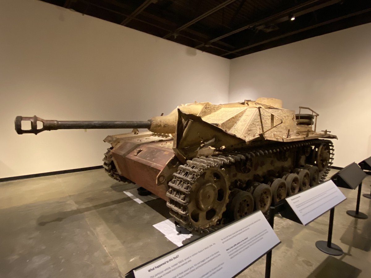 My favorite non-Patton item that they had on display is this German StuG. It got stuck in the marshes of northern Russia in March 1944 & was then abandoned by the Germans. It was recovered in 1994 after being underwater for 50 yrs. The front left fender shows battle damage.  #WWII