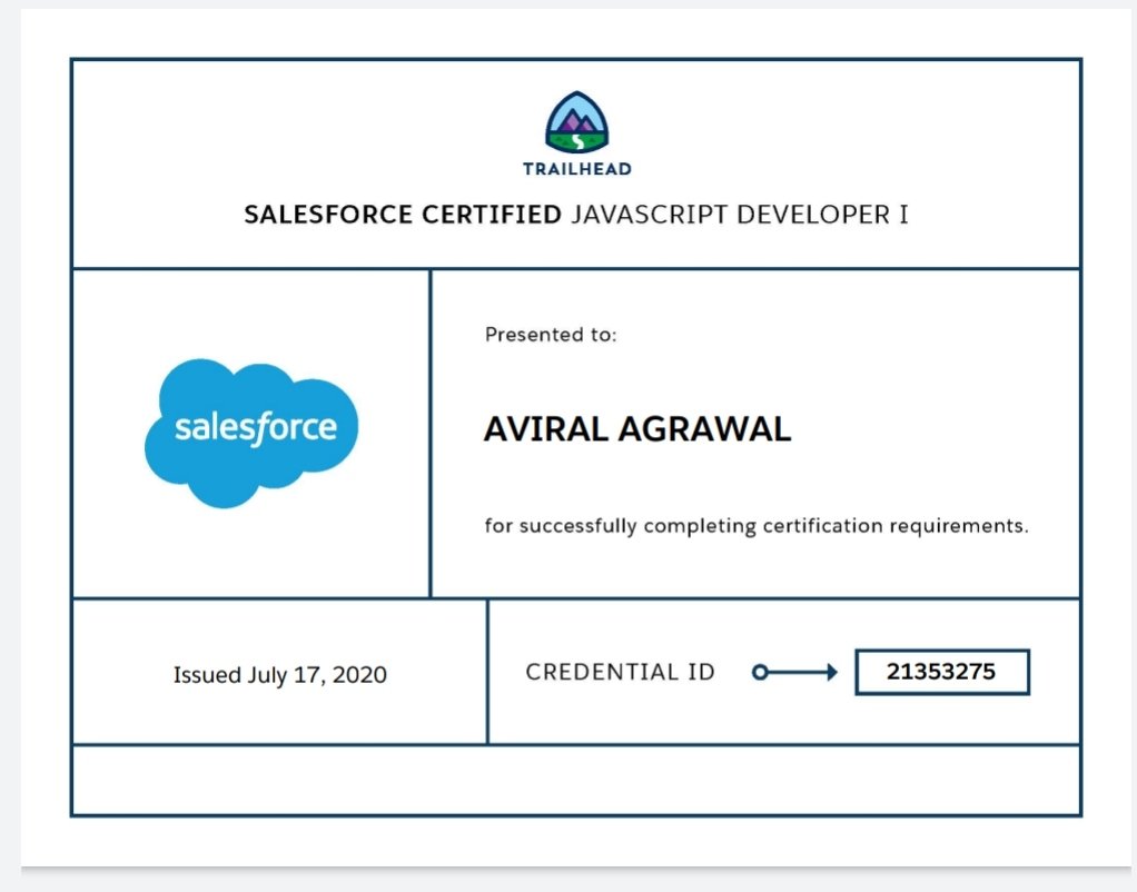 Completed JavaScript Developer 1! 
The Superbadge on <a href="/trailhead/">Trailhead</a> is must for this certification and I also did CRT-600 JavaScript Training that helped me alot to understand the structure of exam!
#LockdownLearning <a href="/SalesforceDevs/">Salesforce Developers</a> <a href="/dazeworks/">Dazeworks</a>