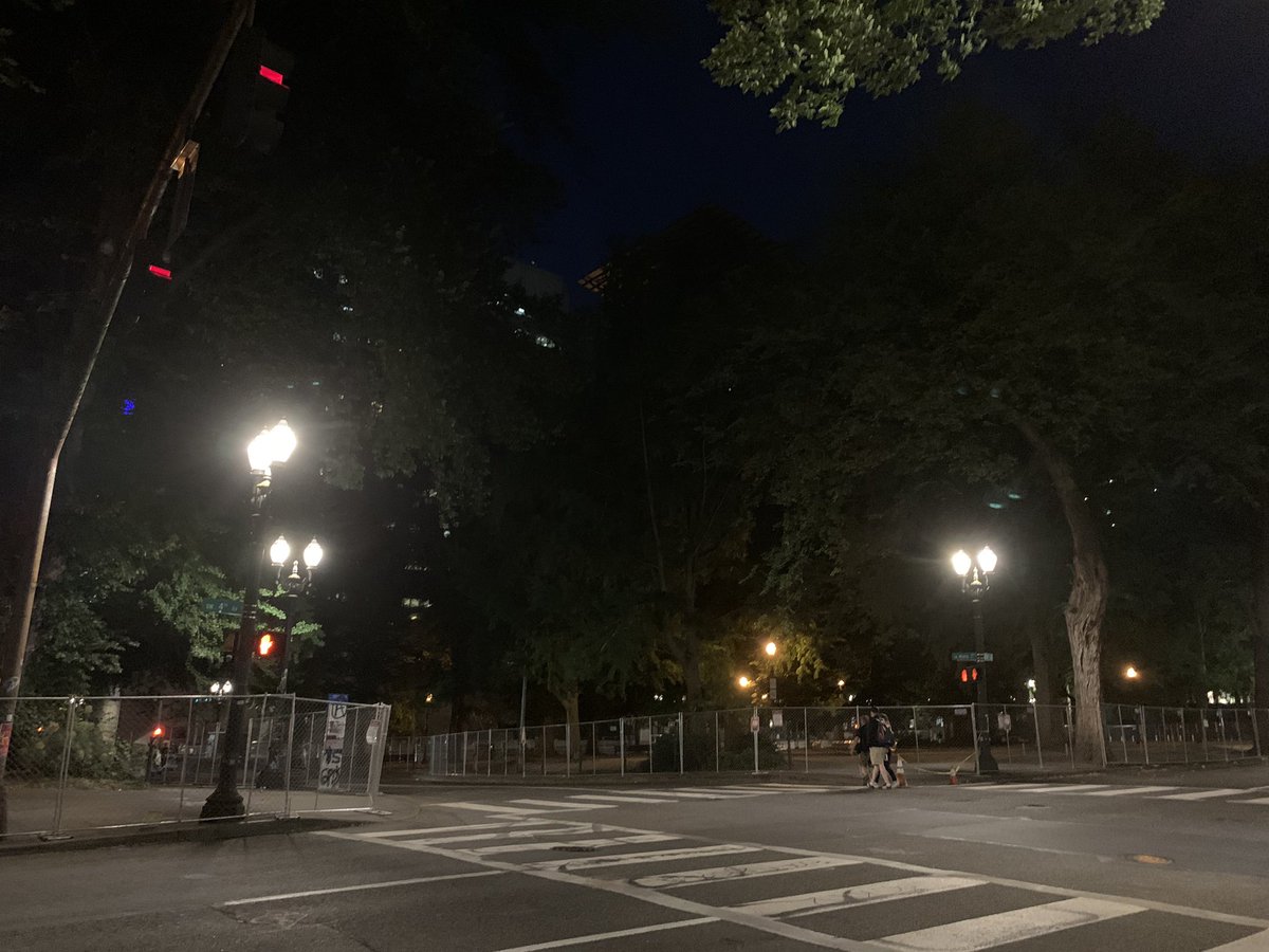 It’s 10 pm at the Justice Center. Chapman and Lawndale are completely fenced off, including the sidewalks. SW Main is open to cars. Riot Ribs is set up on 4th and Salmon. And maybe 100 protesters are gathered outside the courthouse and justice center.