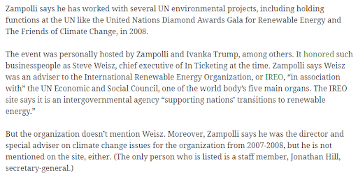 By 2008, “Zampolli ... holding functions at the UN like the UN Diamond Awards Gala for Renewable Energy and The Friends of Climate Change, in 2008. ... personally hosted by Zampolli and Ivanka Trump, among others.“  https://www.passblue.com/2017/05/05/who-is-paolo-zampolli-a-trump-friend-and-whats-he-up-to-at-the-un/