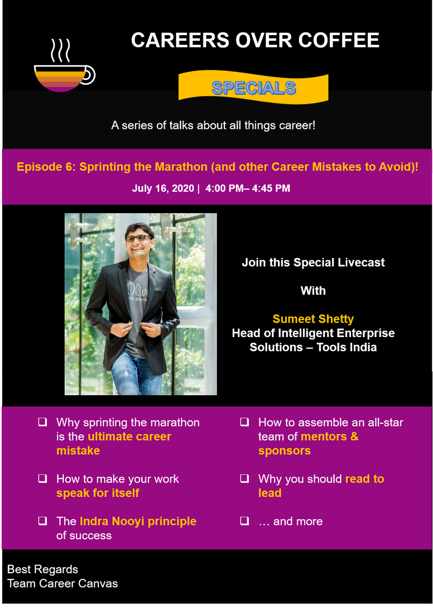 Agarwaldhri's tweet photo. #CareersOverCoffee Ep.6| Sprinting The Marathon | @iSumeetShetty shared few #fundamentals with #EarlyTalents

#Career is more than chasing levels, Building your A-team of #mentors, #Network genuinely,
Be #prepared for changes, #ReadToLead
#CareerCanvas @saplabsindia https://t.co/ZFh6Vk61hZ