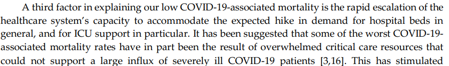 8) Finalement, les auteurs admettent aussi que leur système de santé n'a pas été saturé et que cela a aussi probablement joué pour avoir une aussi faible mortalité du Covid-19